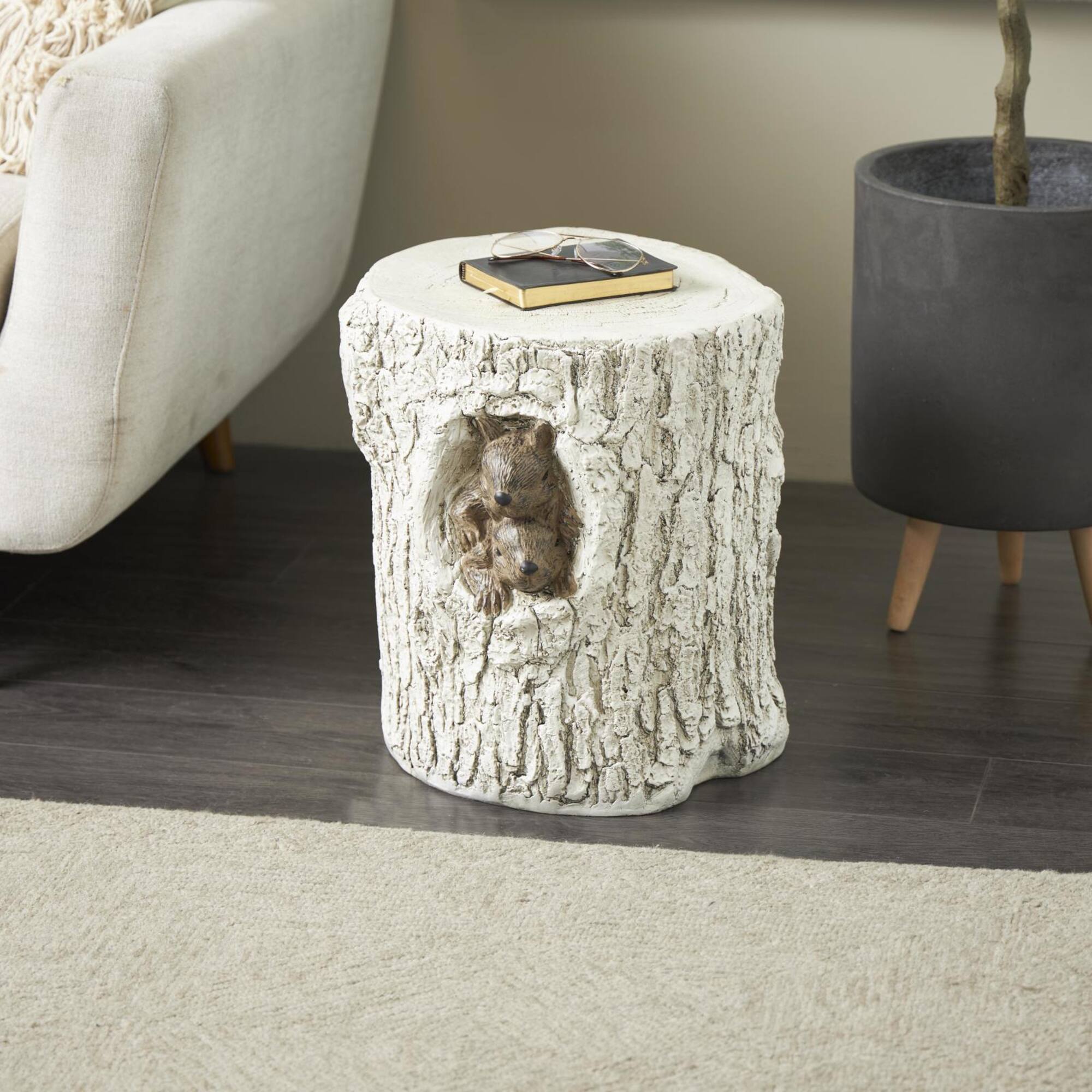 17" White MGO Squirrel Tree Trunk Garden Stool